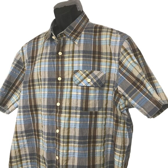 Indigo Palms Mens XXL Short Sleeve Button Up Shirt Brown/Blue Plaid Pattern - Picture 4 of 7